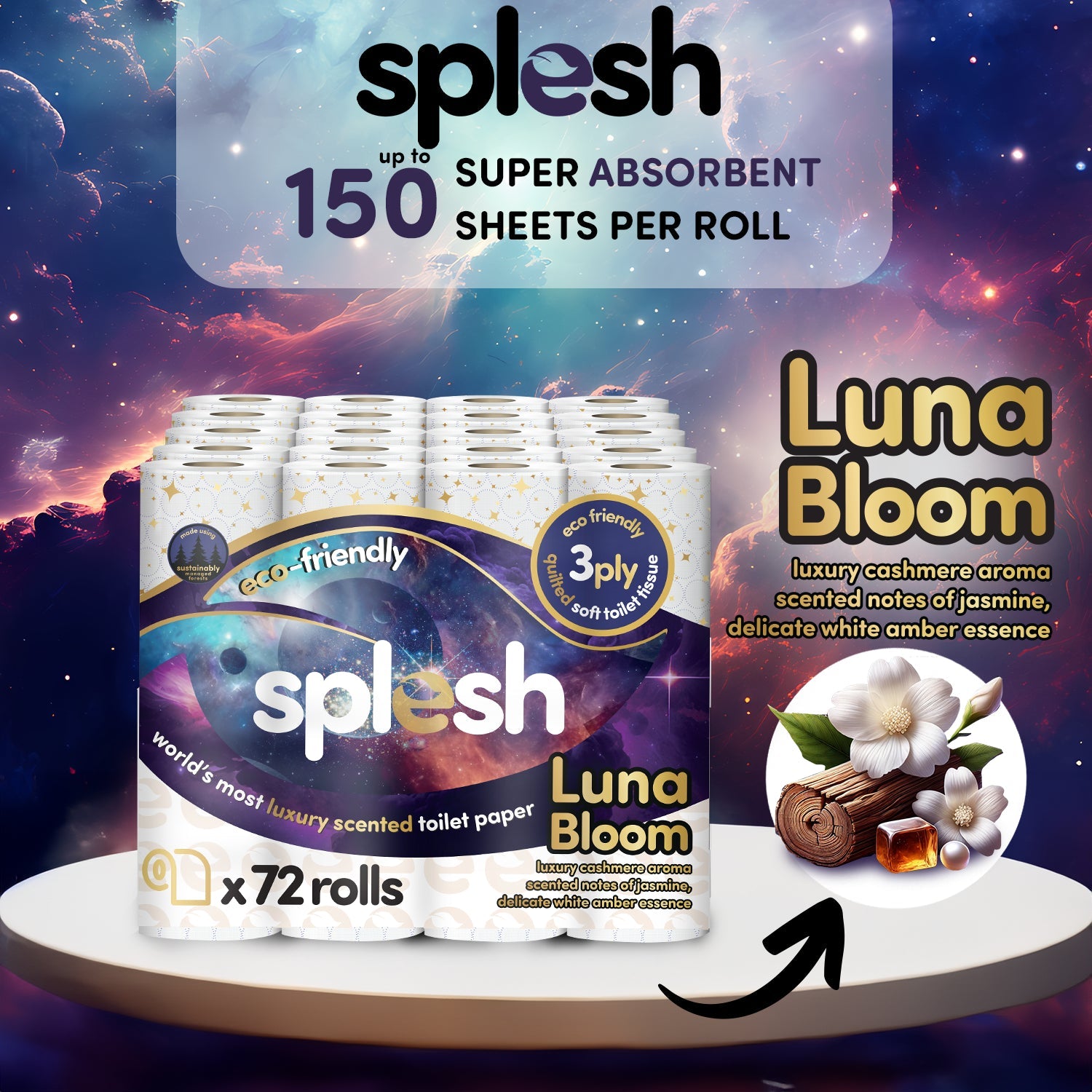 Splesh Quilted Luna Bloom 3-Ply Luxury Scented Toilet Tissue Paper, 72 Rolls