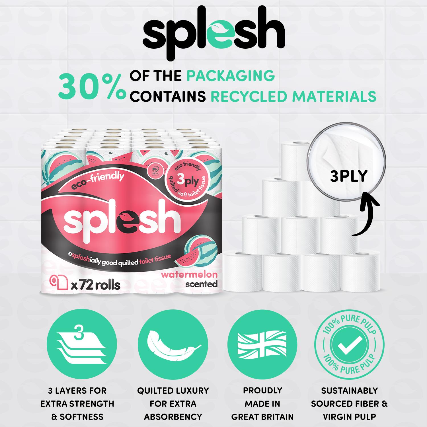 Splesh Quilted Toilet Roll Luxury Watermelon 3-Ply Soft Toilet Paper, 60 Rolls