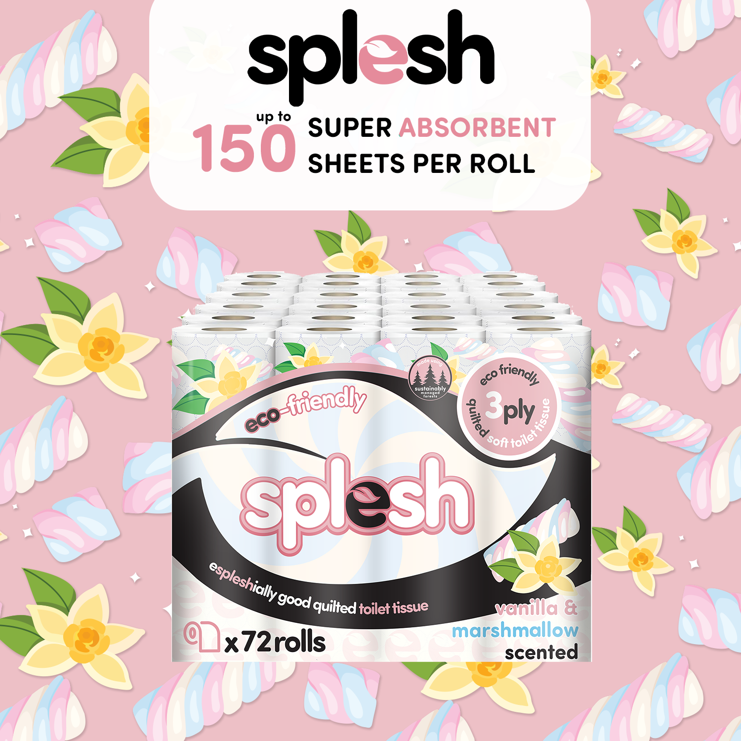 Splesh Quilted Toilet Roll Luxury Vanilla & Marshmallow 3-Ply Soft Toilet Paper, 72 Rolls